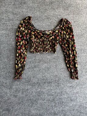 Urban Outfitters Festival Top Black Floral Smocked Long-Sleeve Crop Top MEDIUM